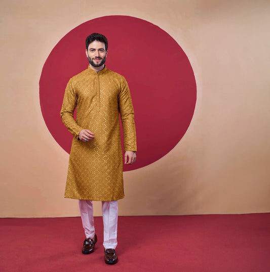 Golden Sequin Silk Kurta – Royal Festive Look