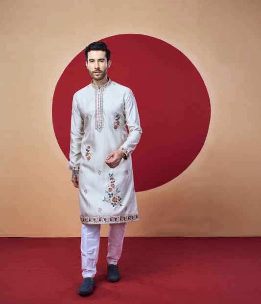 Men’s Cream Silk Kurta – Handcrafted Floral Embroidery