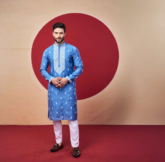 Designer Sky Blue Kurta – Royal Ethnic Wear for Men