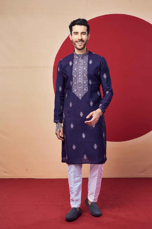 Classic Navy Embroidered Kurta – Traditional Wedding Style