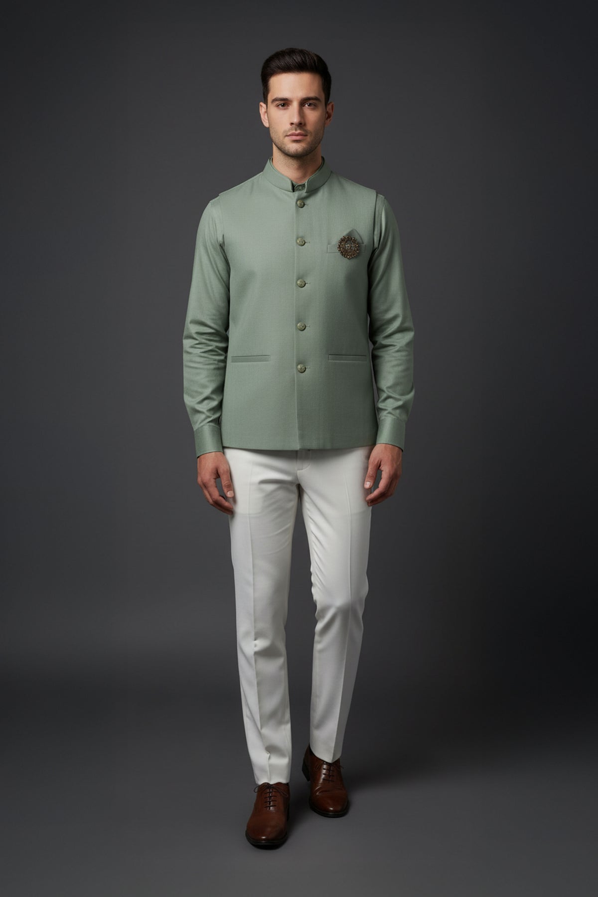 Sage Green Nehru Jacket with Matching Shirt