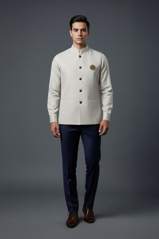 Ivory Textured Nehru Jacket with Matching Shirt