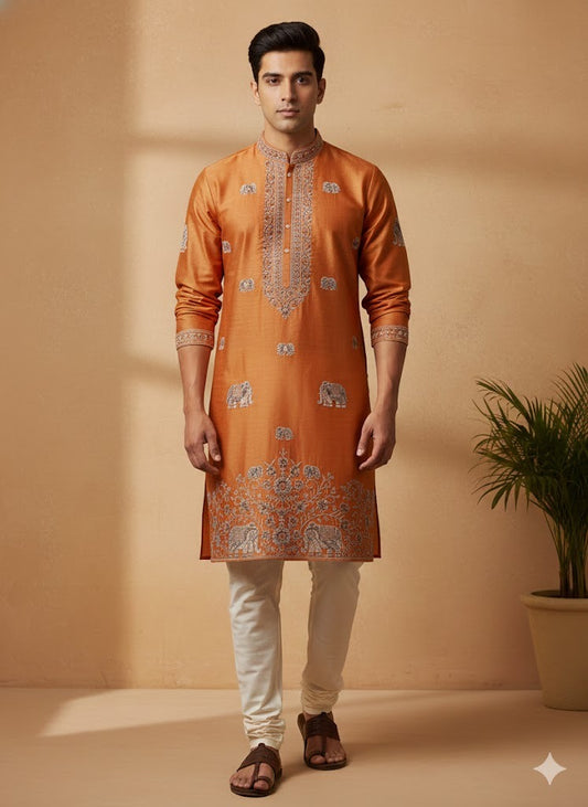 Regal Rust Orange Embroidered Kurta Set
