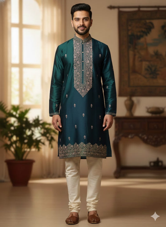 Royal Teal Green Embroidered Kurta Set