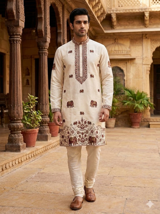 Royal Ivory Elephant Motif Kurta Set