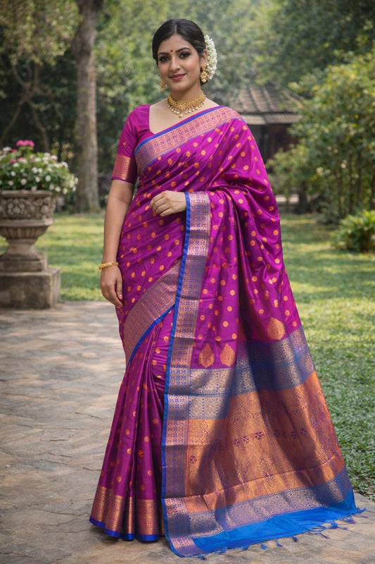 Royal Purple Silk Saree with Contrast Blue Border