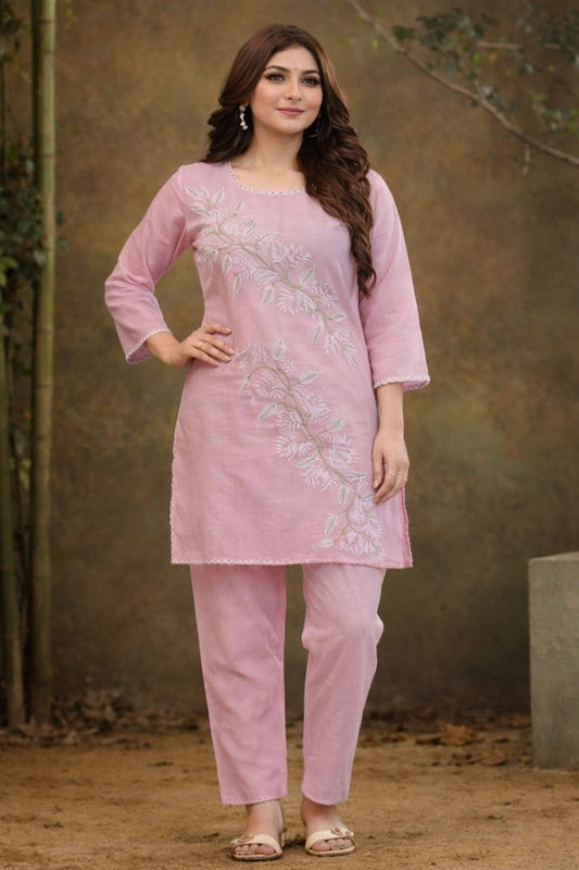 Women Pink Floral Embroidered Ethnic Co-Ord Set