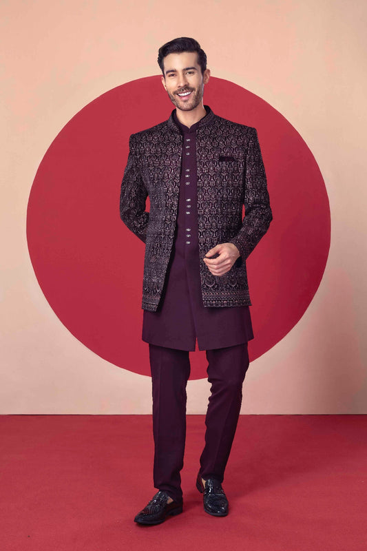 Designer Maroon Indo-Western Suit – Elegant Wedding Wear for Men