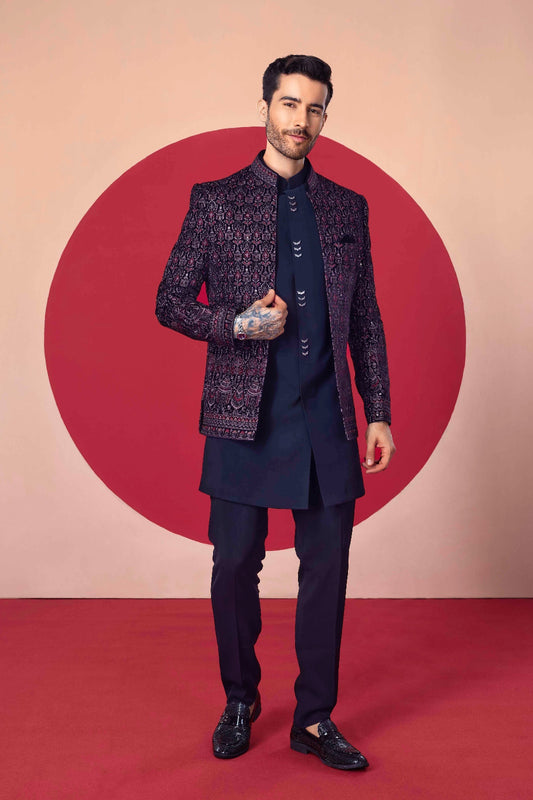 Designer Navy Blue Embroidered Jacket – Royal Indo-Western Look