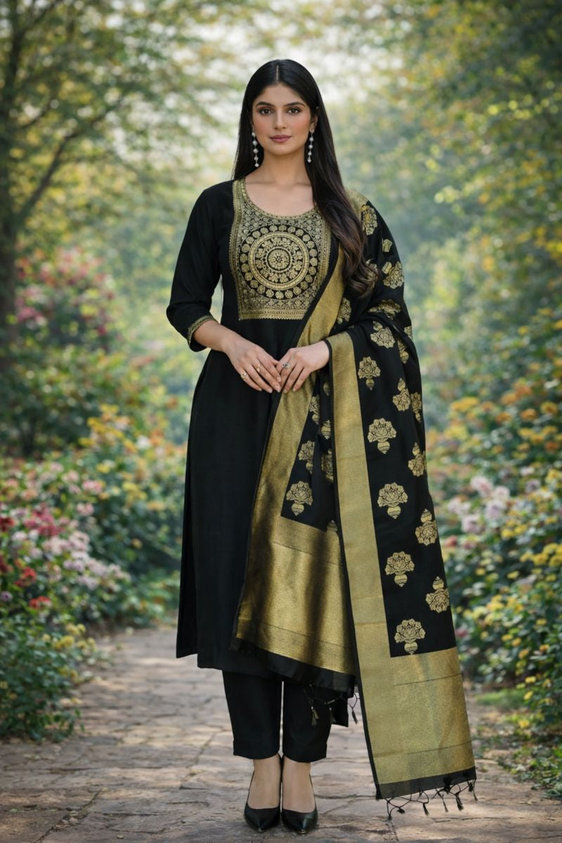 Royal Black Brocade Kurta Set - Makar Sankranti Special
