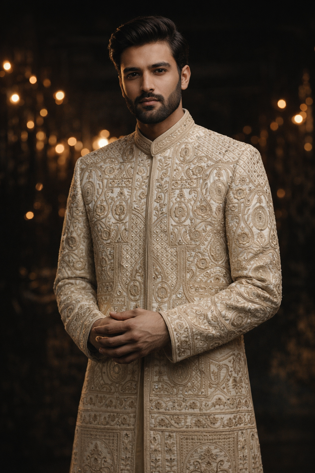 Men’s Cream & Gold Heavy Embroidered Sherwani Royal Wedding Collection