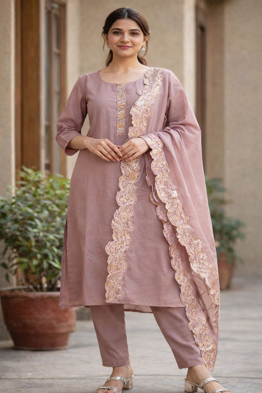 Elegant Mauve Embroidered Cotton Silk Salwar Suite with Scalloped Dupatta