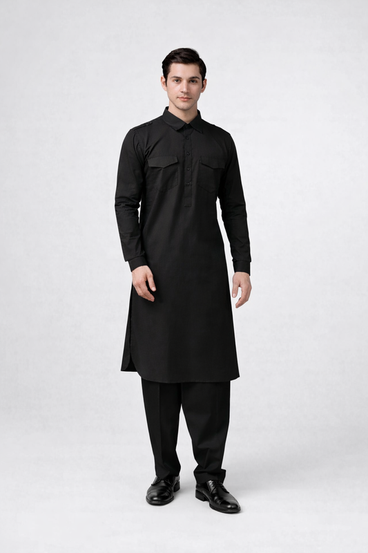 Men’s Black Cotton Pathani Kurta Set