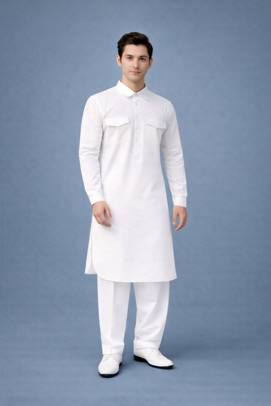 Men’s White Cotton Pathani Kurta Set