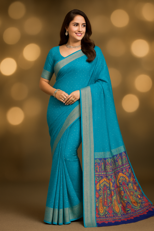 Bandhani Style Saree With Silver Zari Border