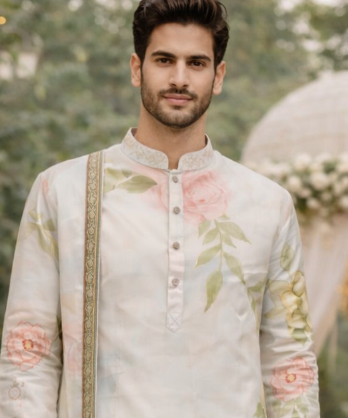 Men’s Off-White Floral Printed Kurta Set with Dupatta