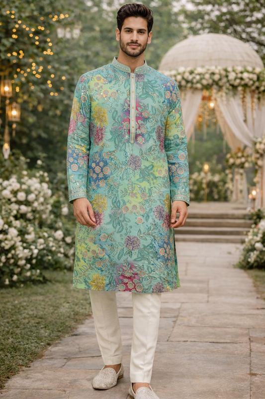 Men’s Aqua Green Floral Printed Kurta Set