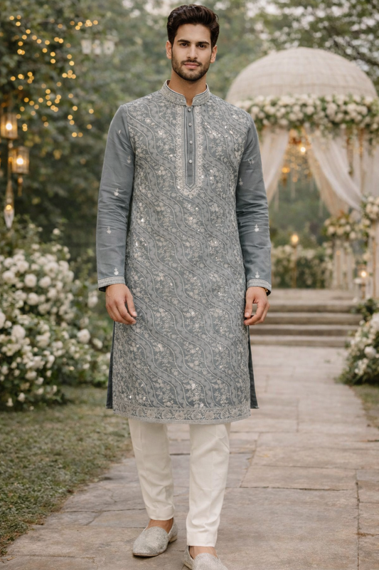 Men’s Grey Embroidered Kurta Set with Ethnic Polo Pant