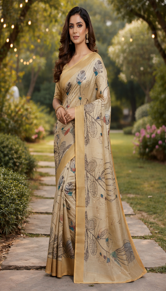Beige Tussar Silk Saree with Hand-Painted Kalamkari Floral Motifs