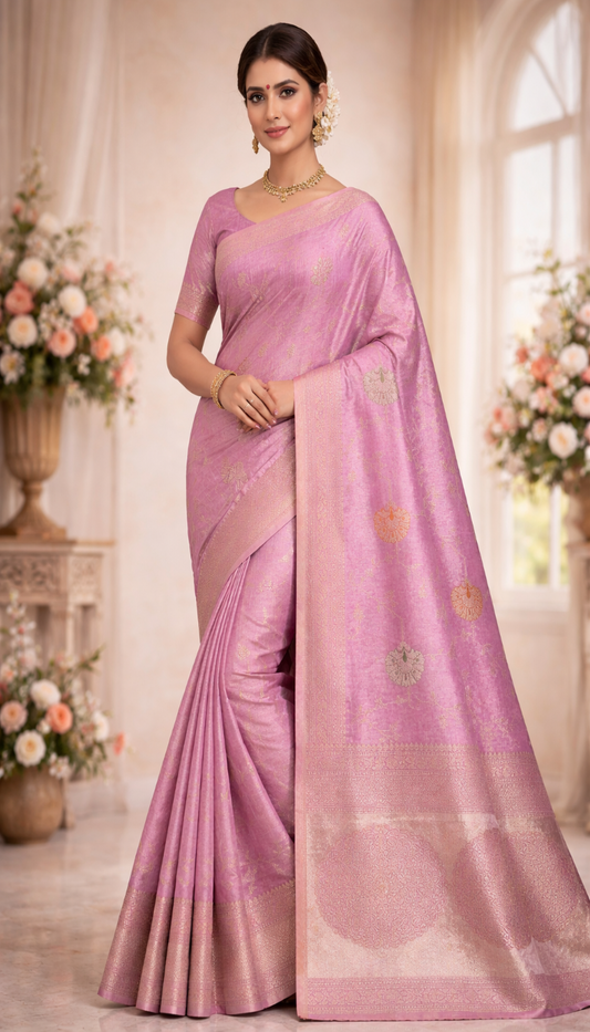 Soft Pink Banarasi Silk Saree with Elegant Gold Zari Medallions