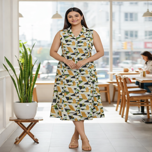 Women Cream & Olive Green Abstract Print Casual Kurti