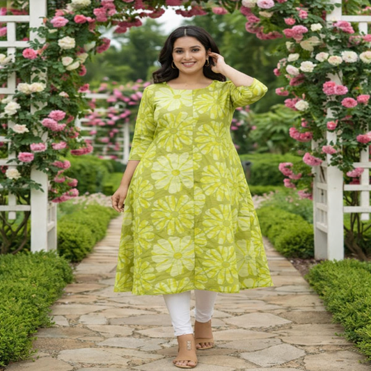 Women Lime Green Floral Print Casual Collection Kurti