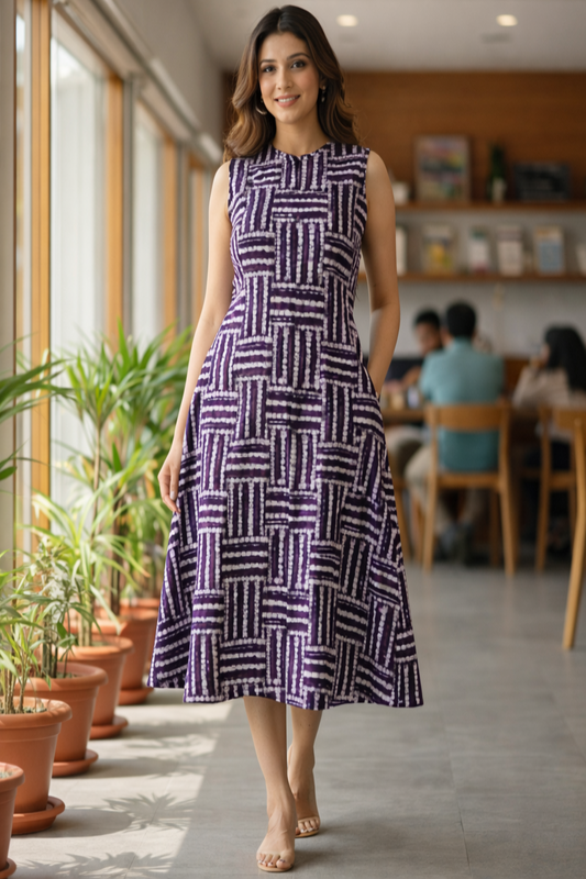 Women Purple Geometric Print Casual Middy