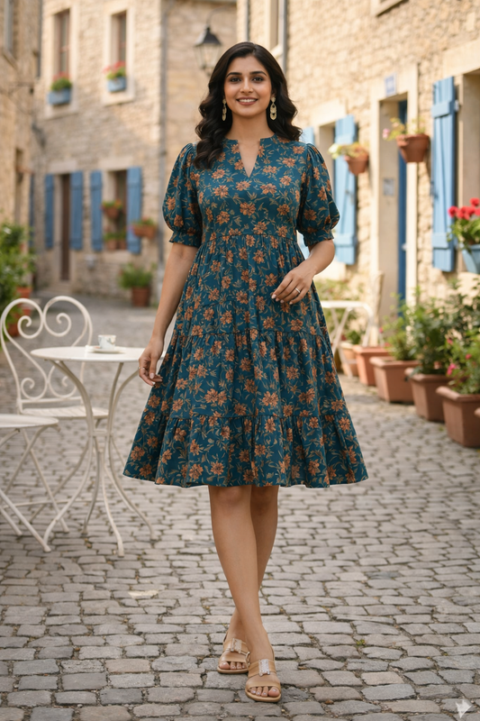 Dark Teal Floral Pattern Everyday Wear Tunic