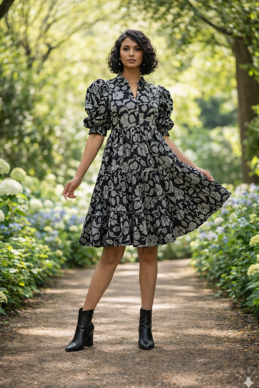 Black & White Floral Print Casual Wear Tunic