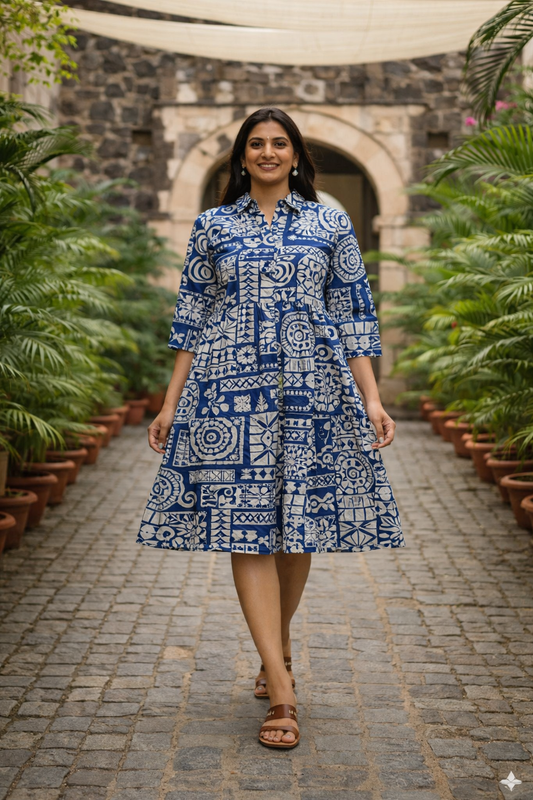 Navy Blue Ethnic Print Casual Wear Tunic