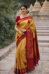 Women’s Mustard Golden & Maroon Silk Blend DYED M/C WORK Saree