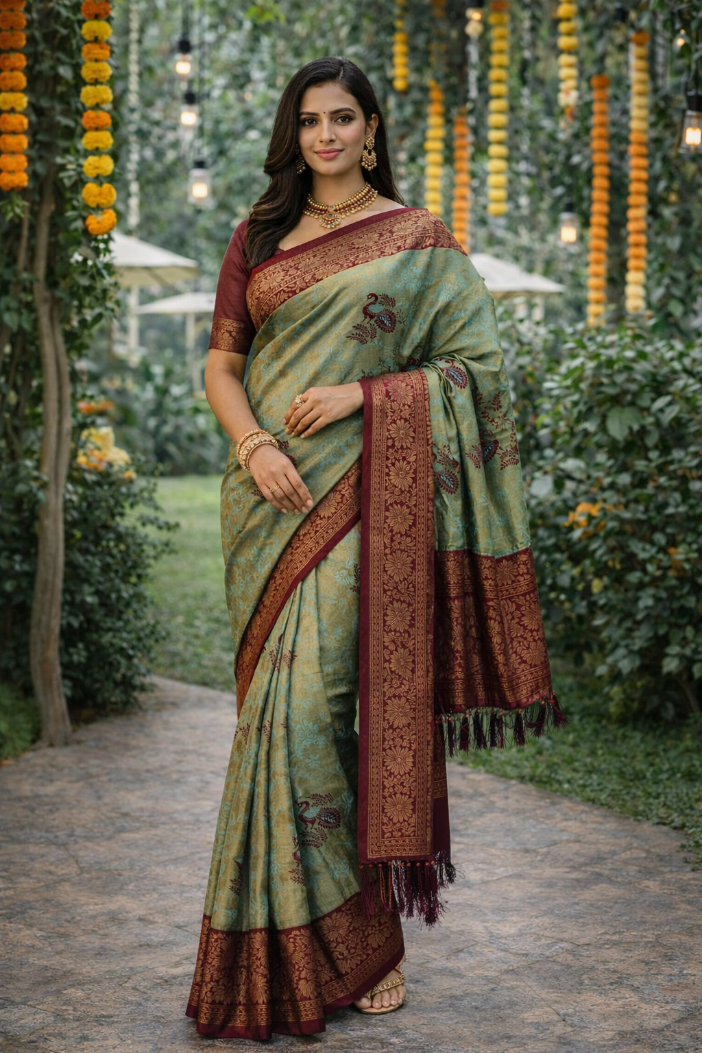 Sea Green & Wine Maroon Jacquard Woven Floral Peacock Design Saree