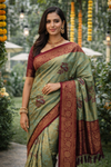 Sea Green & Wine Maroon Jacquard Woven Floral Peacock Design Saree