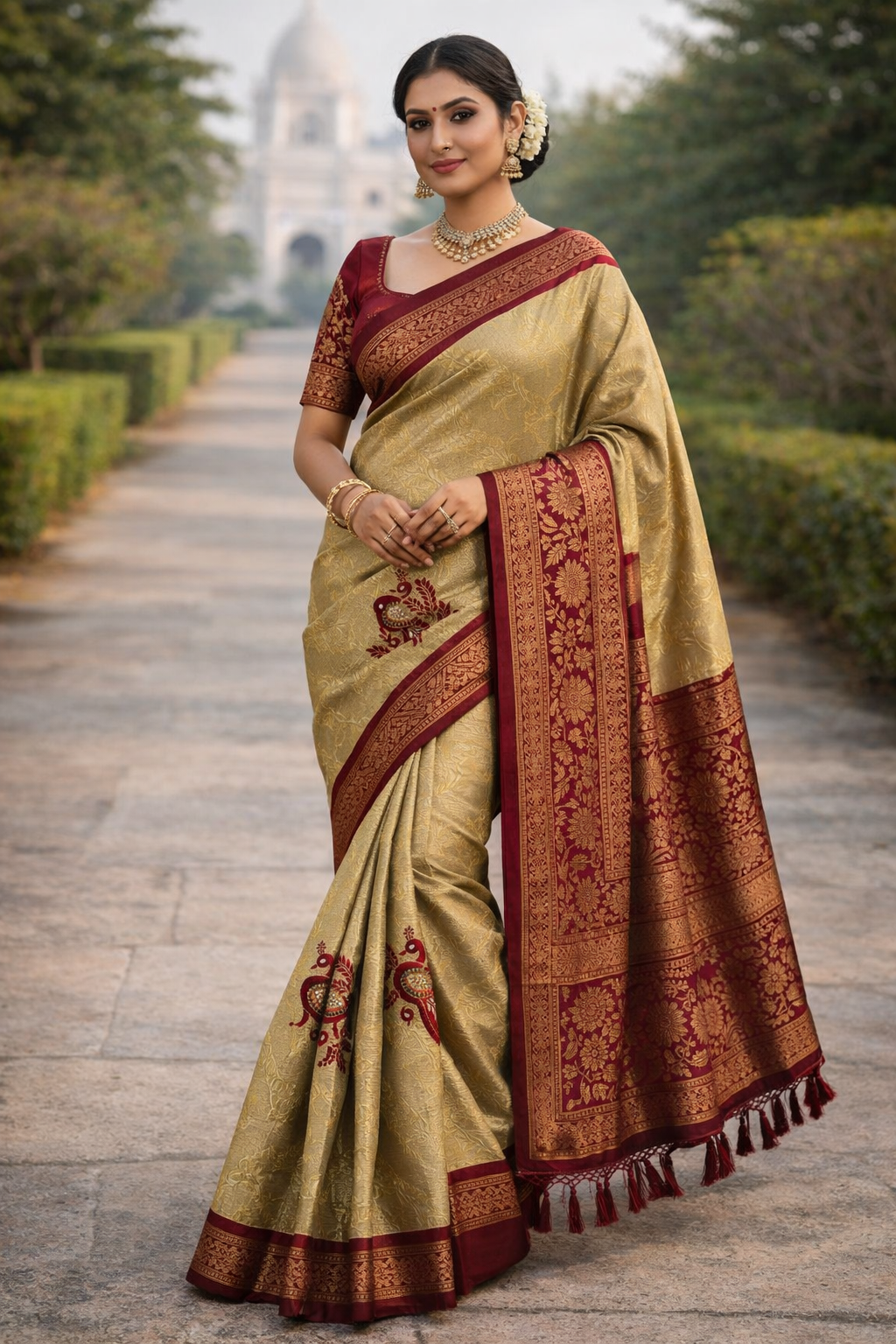 Golden Beige & Wine Maroon Jacquard Woven Floral Peacock Design Saree
