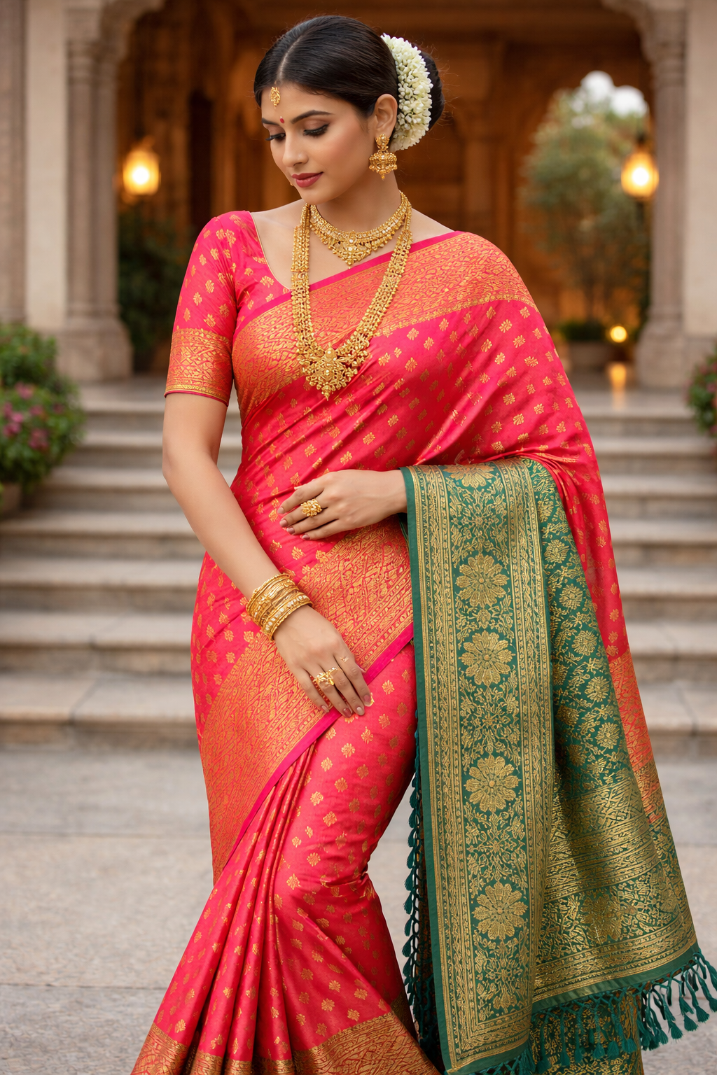 Rani Pink & Antique Gold Saree with Gold Zari Buti & Heavy Jacquard Pallu
