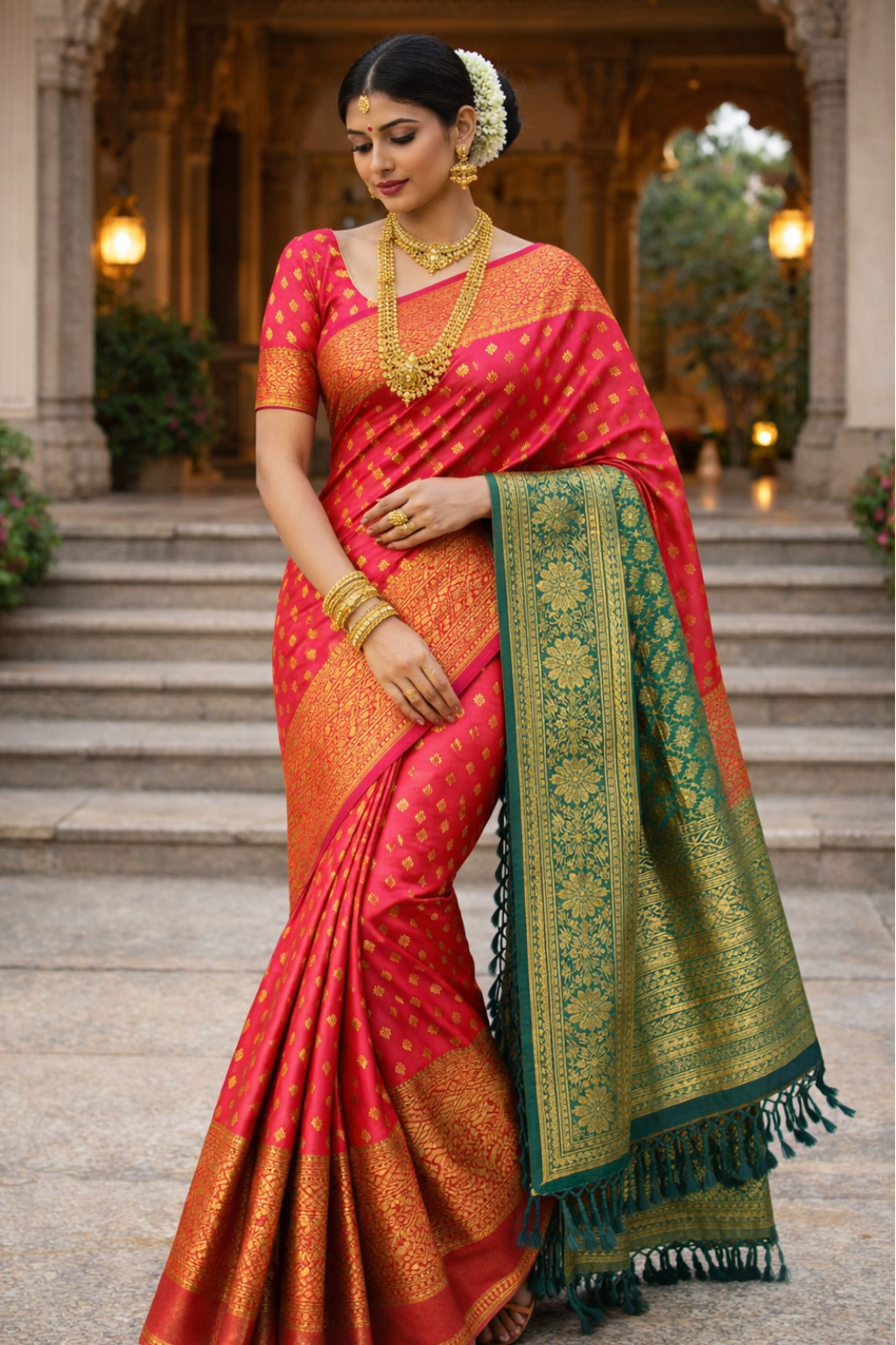 Rani Pink & Antique Gold Saree with Gold Zari Buti & Heavy Jacquard Pallu