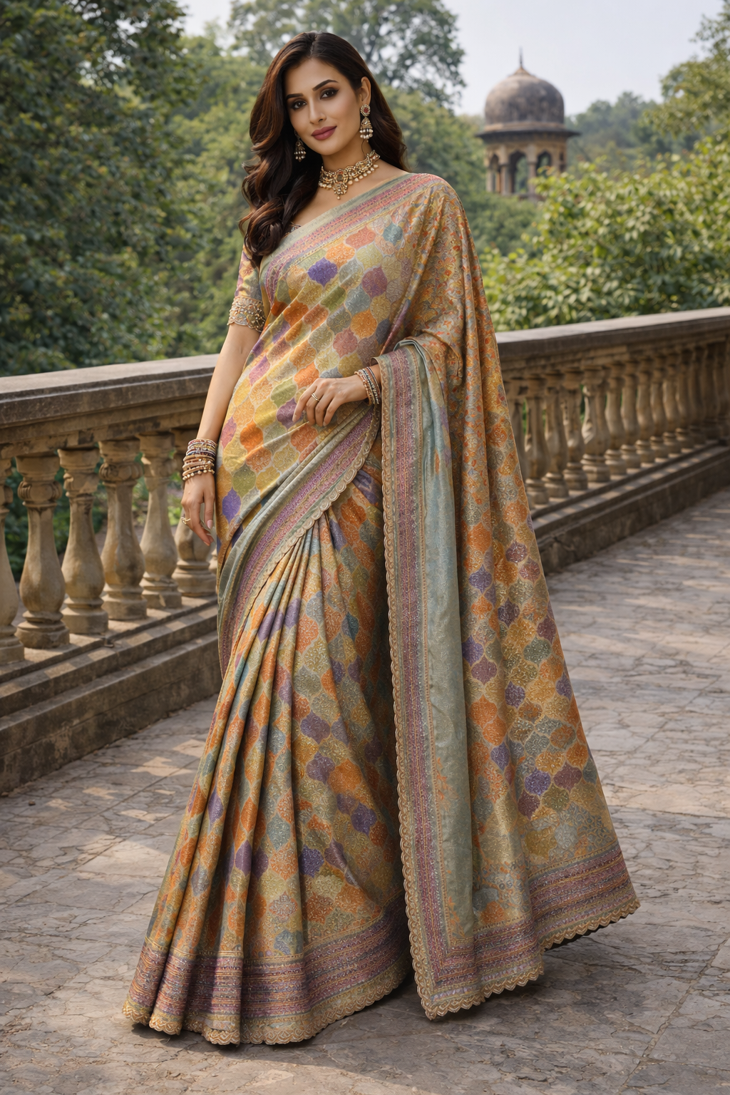 Multicolor Banarasi Silk Saree with Geometric Trellis Weave & Traditional Paisley Border