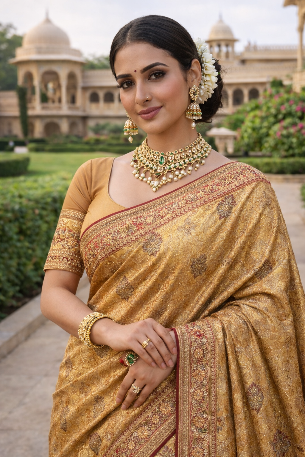 Golden Mustard Shimmer Tissue Silk Saree with Butti Motifs & Floral Printed Border