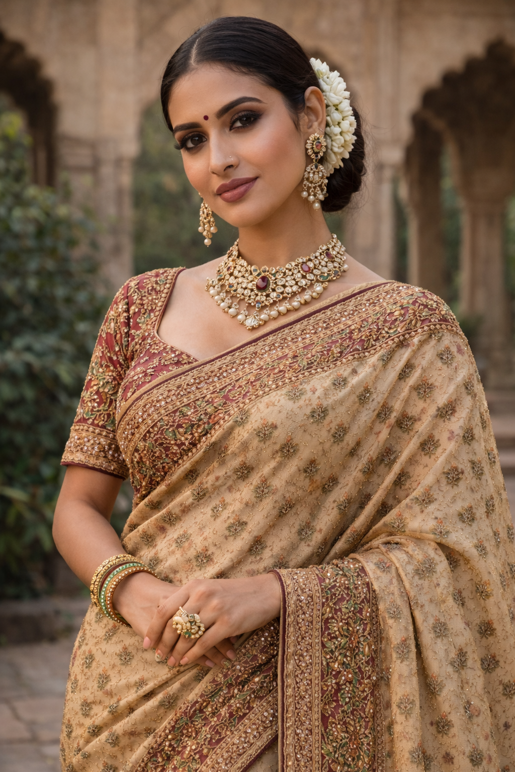 Champagne Beige Shimmer Tissue Silk Saree with All Over Butti Motifs Embroidered Border