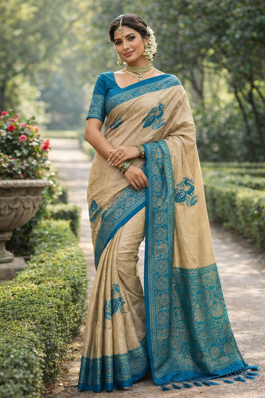 Beige & Teal Blue Saree with Peacock Motif & Gold Zari Jacquard Pallu