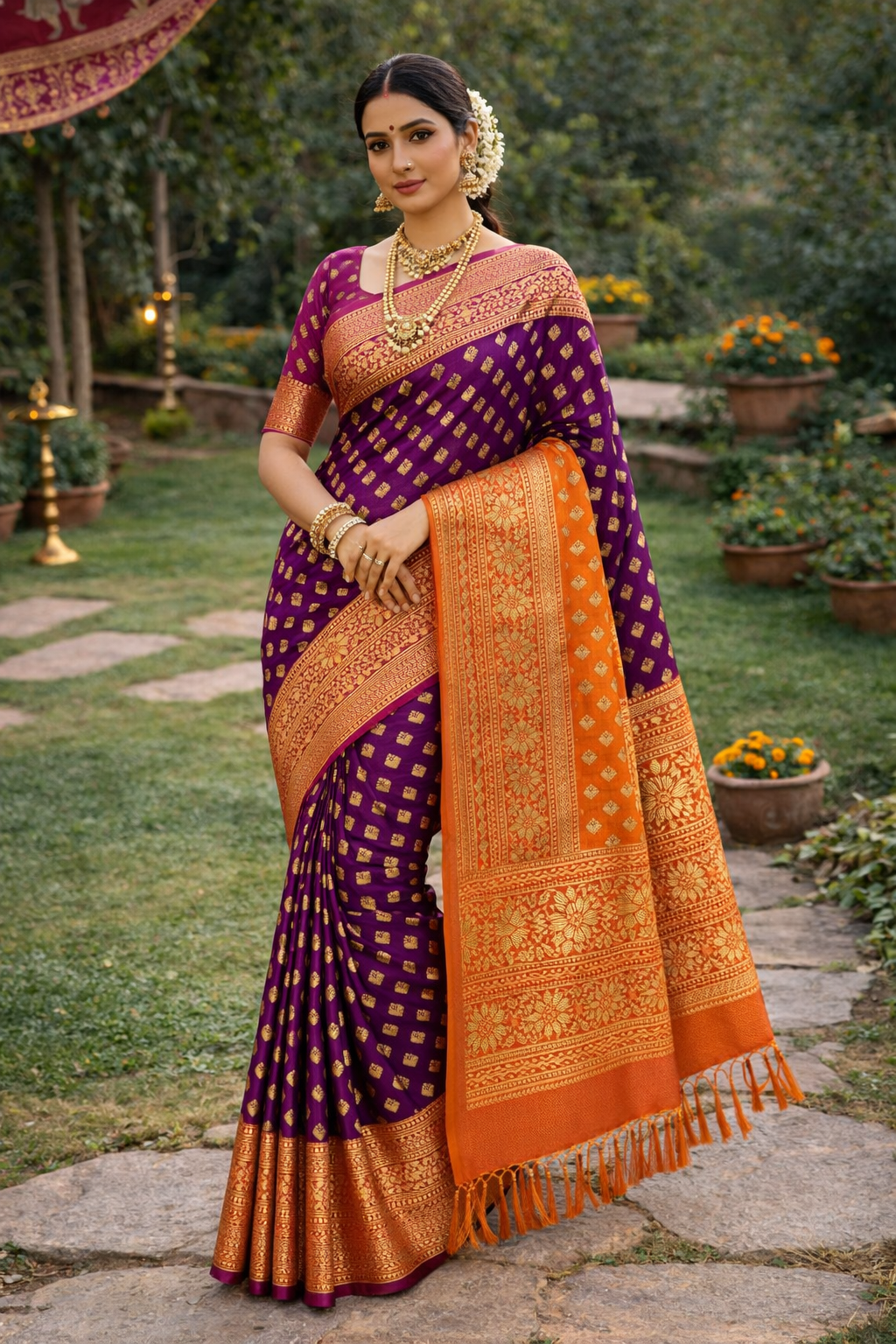 Wine Purple & Copper Orange Saree with Gold Zari Buti & Heavy Jacquard Pallu