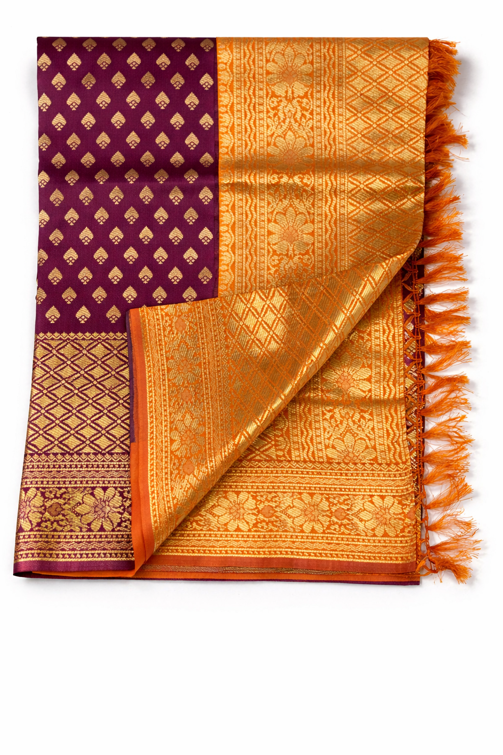 Wine Purple & Copper Orange Saree with Gold Zari Buti & Heavy Jacquard Pallu