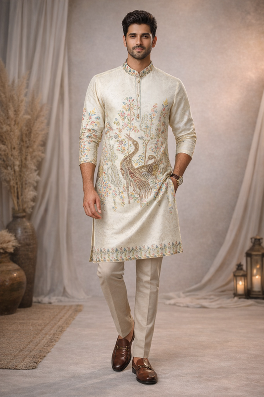 Men’s Cream Peacock Printed Kurta