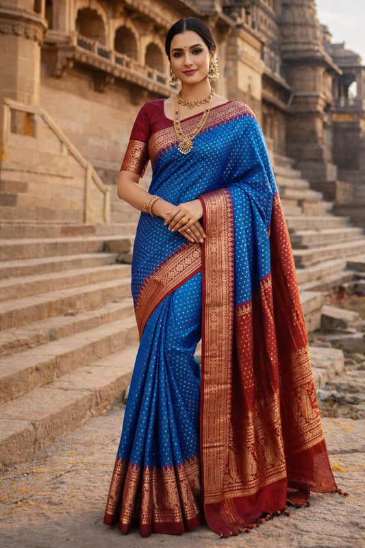 Royal Blue & Crimson Banarasi Silk Saree