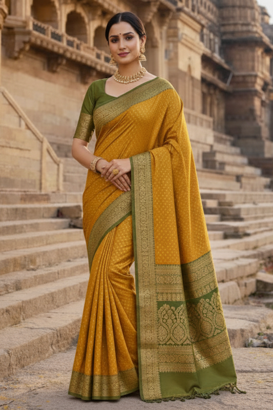 Mustard Yellow & Olive Green Banarasi Silk Saree