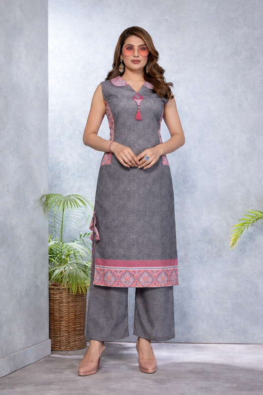 Women Grey Cotton Blend Printed Sleeveless Co-Ord Set