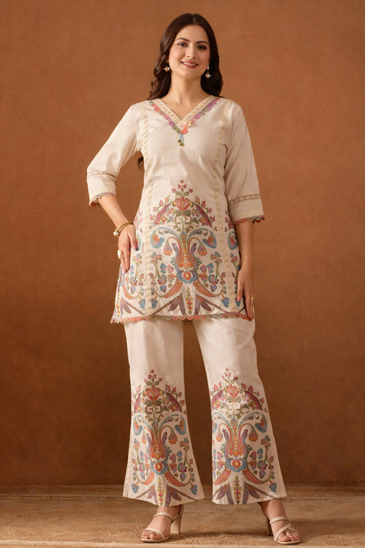 Women Beige Cotton Printed Co-Ord Set
