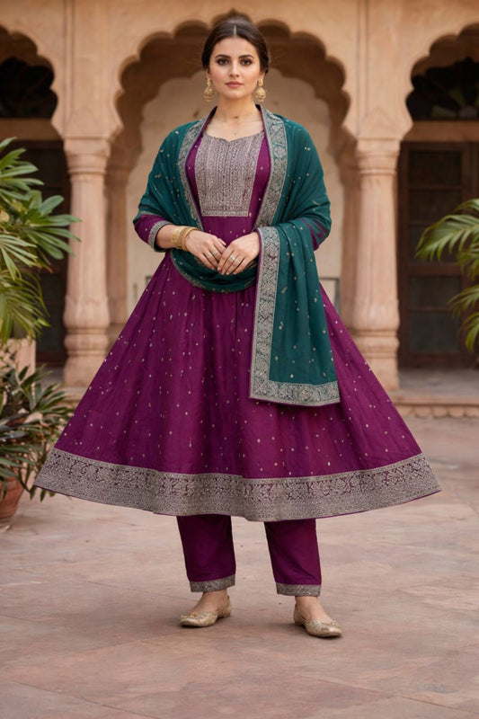 Women’s Wine Purple Silk Blend Embroidered Anarkali Kurta Set