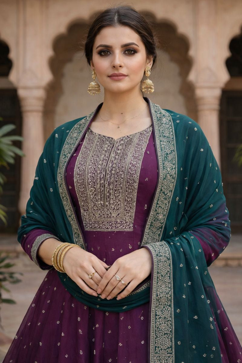 Women’s Wine Purple Silk Blend Embroidered Anarkali Kurta Set