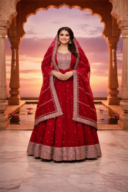 Women’s Red Silk Blend Embroidered Anarkali Kurta Set with Dupatta
